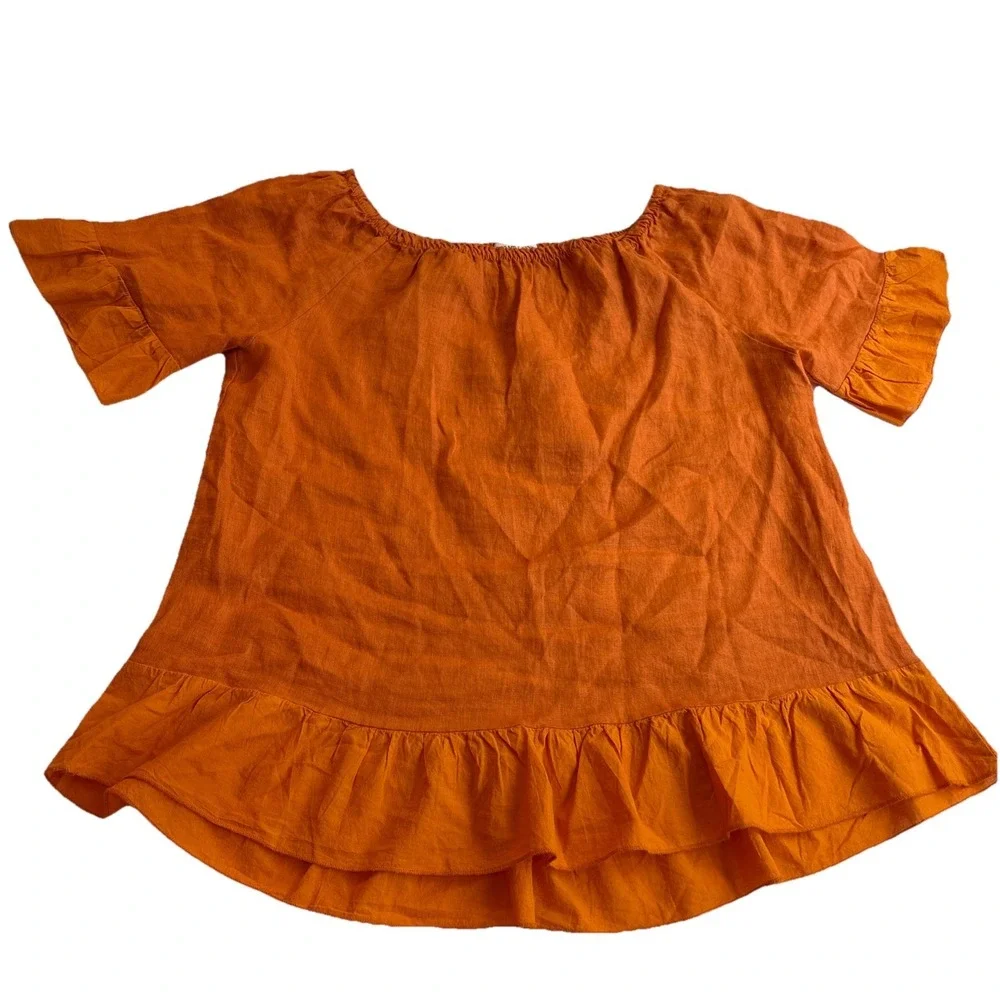 Terzo Millennio Italy 100% Linen Ruffle Top Orange Minimalist Coastal Peasant M - Picture 2 of 6